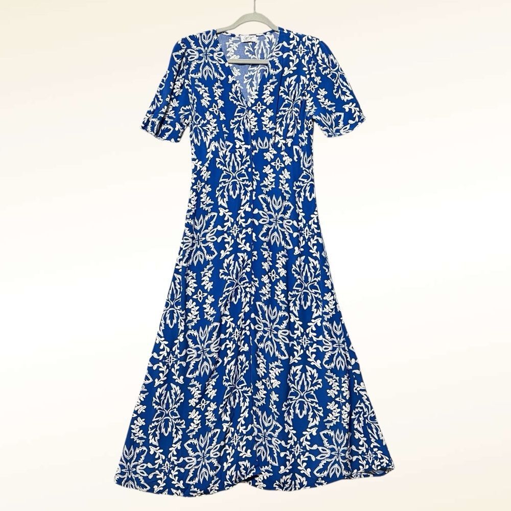 ANNA KAY Button Front Paisley Maxi Dress Size Medium Blue White Short Sleeve